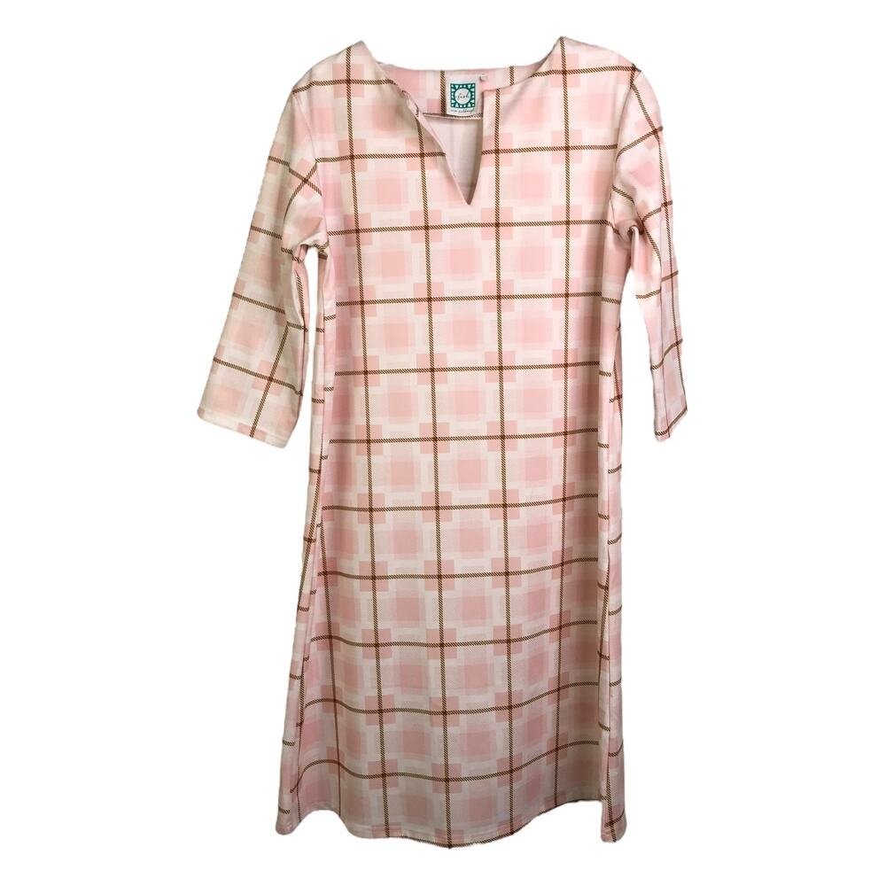 Vera Fishbaugh Dress Womens Pink‎ White Plaid V-Neck Elbow Length Sleeve